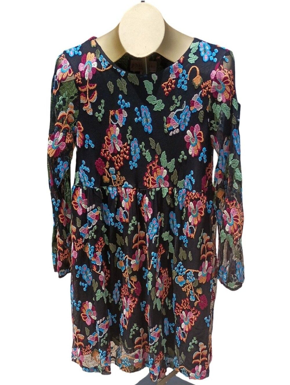 Philosophy Embroidered Floral Mesh Mini Dress Black Long Sleeve Cottagecore M